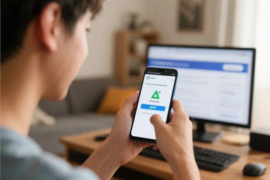 一位年轻用户在家中桌面用安卓手机浏览官方网站，准备下载官方认证的APK文件