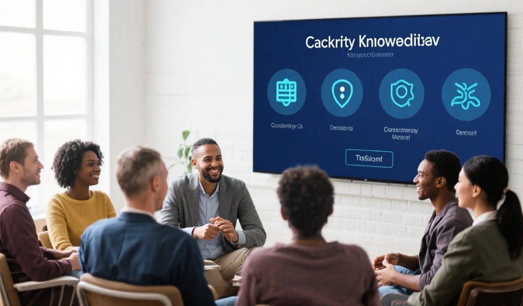 一组多元化用户围坐交流，屏幕上展示着网络安全知识图标和提示信息，氛围友好积极